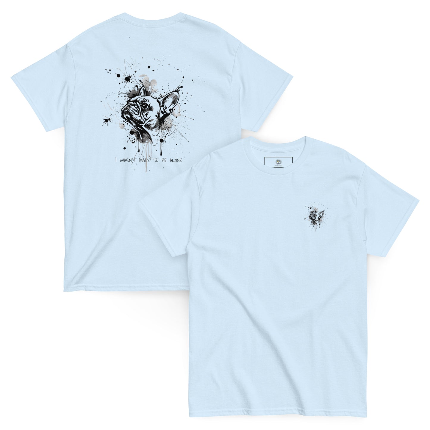 Light blue unisex T-shirt – black ink French Bulldog illustration, back view.
