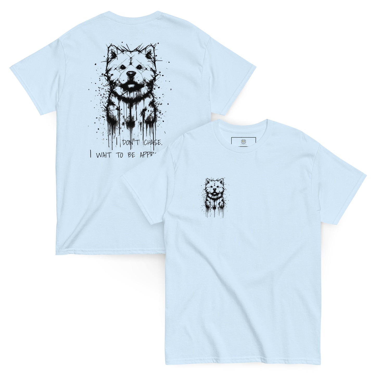 Light blue unisex T-shirt – black ink Shiba Inu dog illustration, front and back view.