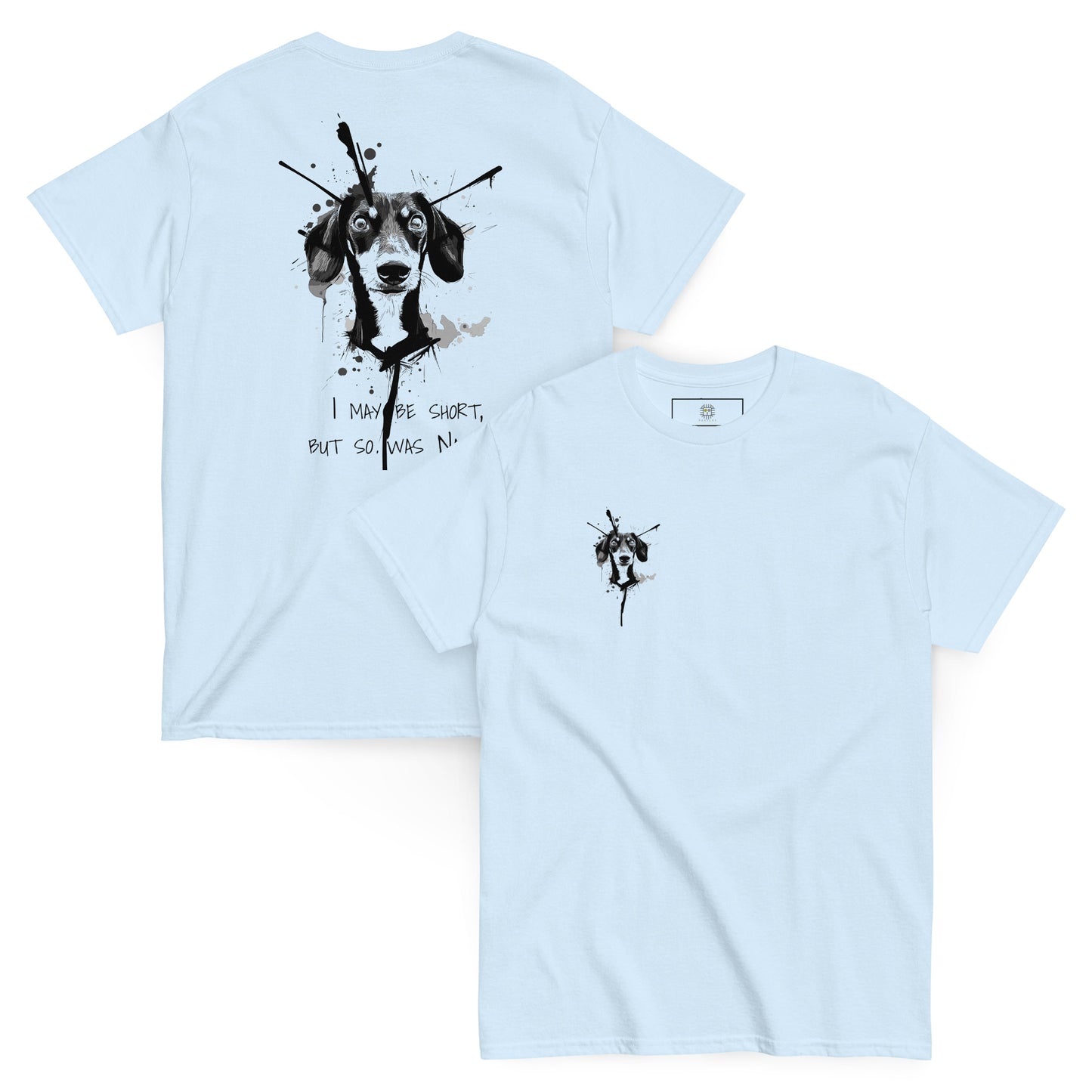 Pair of light blue tees with the funny Dachshund Napoleon illustration. Bright, fresh, and eye-catching for everyday wear.