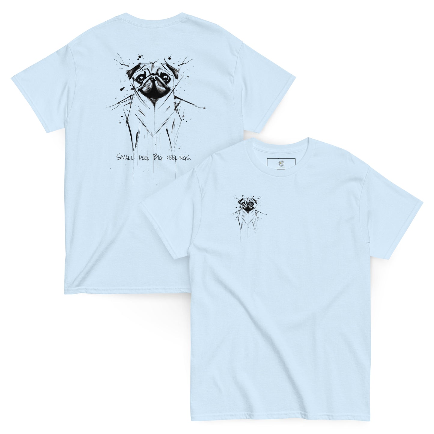 Light blue unisex T-shirt – black ink pug illustration, front and back view.