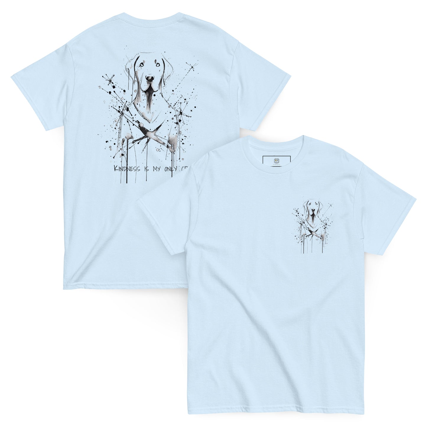 Light blue unisex T-shirt – abstract black line art dog, front and back view.