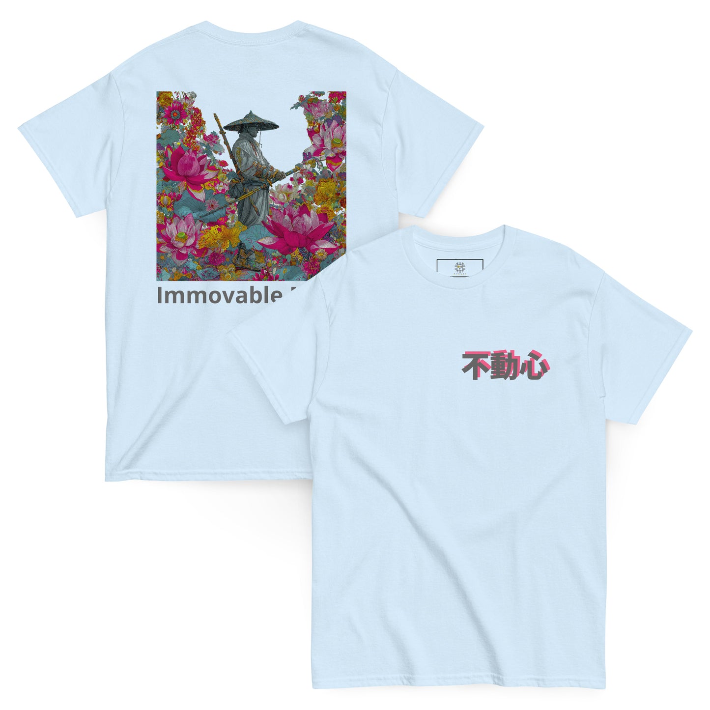 Light blue unisex T-shirt – Immovable samurai design, back view.
Light blue unisex T-shirt – Immovable samurai design, front view.Product mockup
