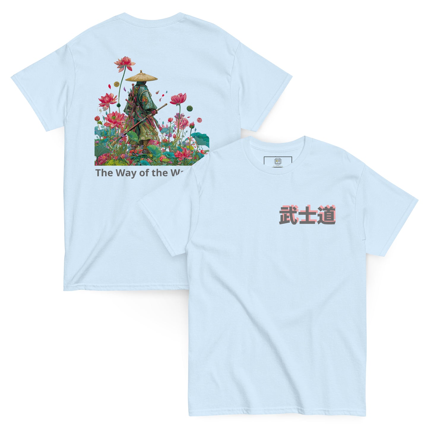 Light blue unisex T-shirt – The Way of the Warrior samurai design, front and back view.
