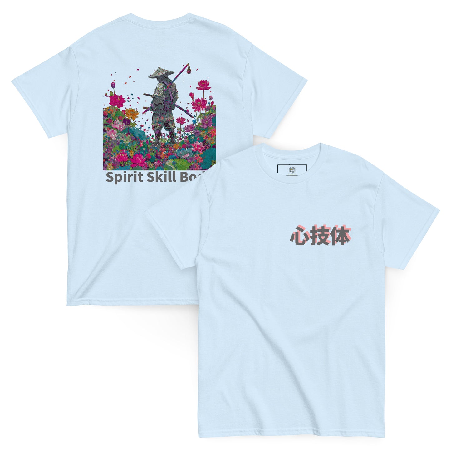 Light blue unisex T-shirt – Spirit Still Burns samurai design, front view.