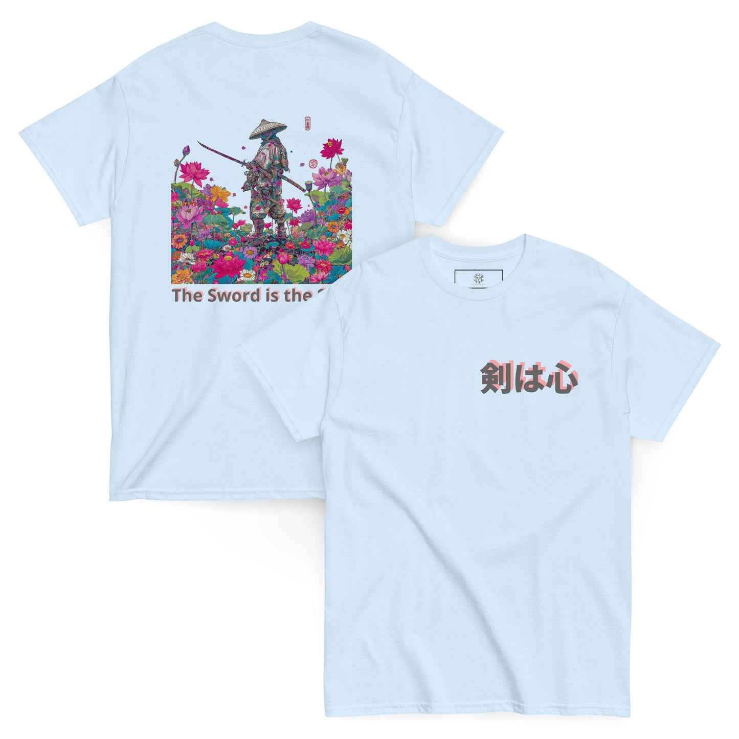 Light blue unisex T-shirt – The Sword in the Lotus samurai design, front view