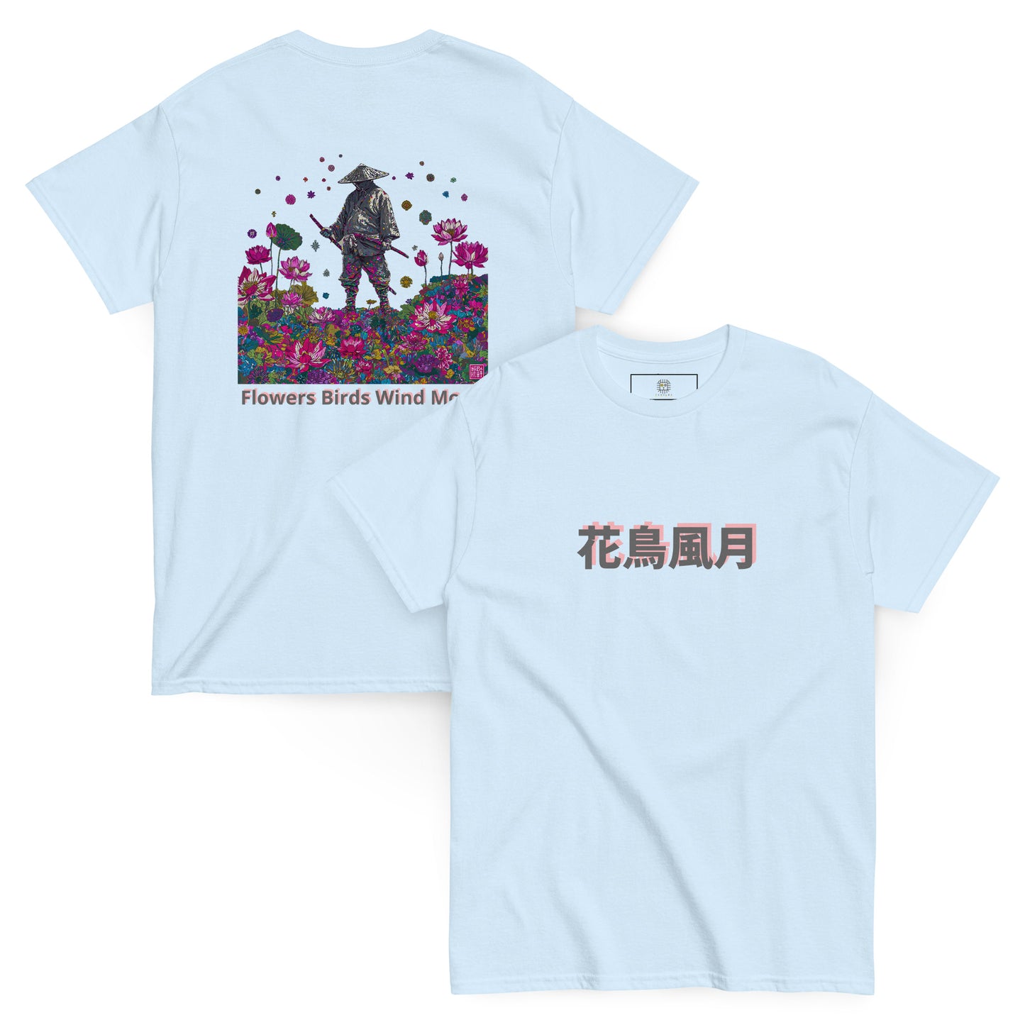 Light blue unisex T-shirt – Flowers and moon samurai design, front and back view.