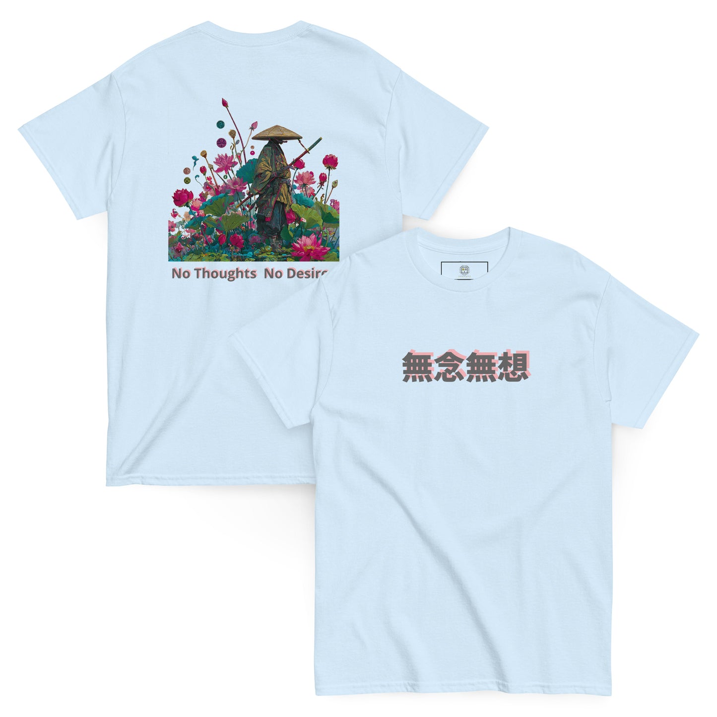 Light blue unisex T-shirt – Samurai in the Blooming Lotus, front view.
Light blue unisex T-shirt – Samurai in the Blooming Lotus, back view.