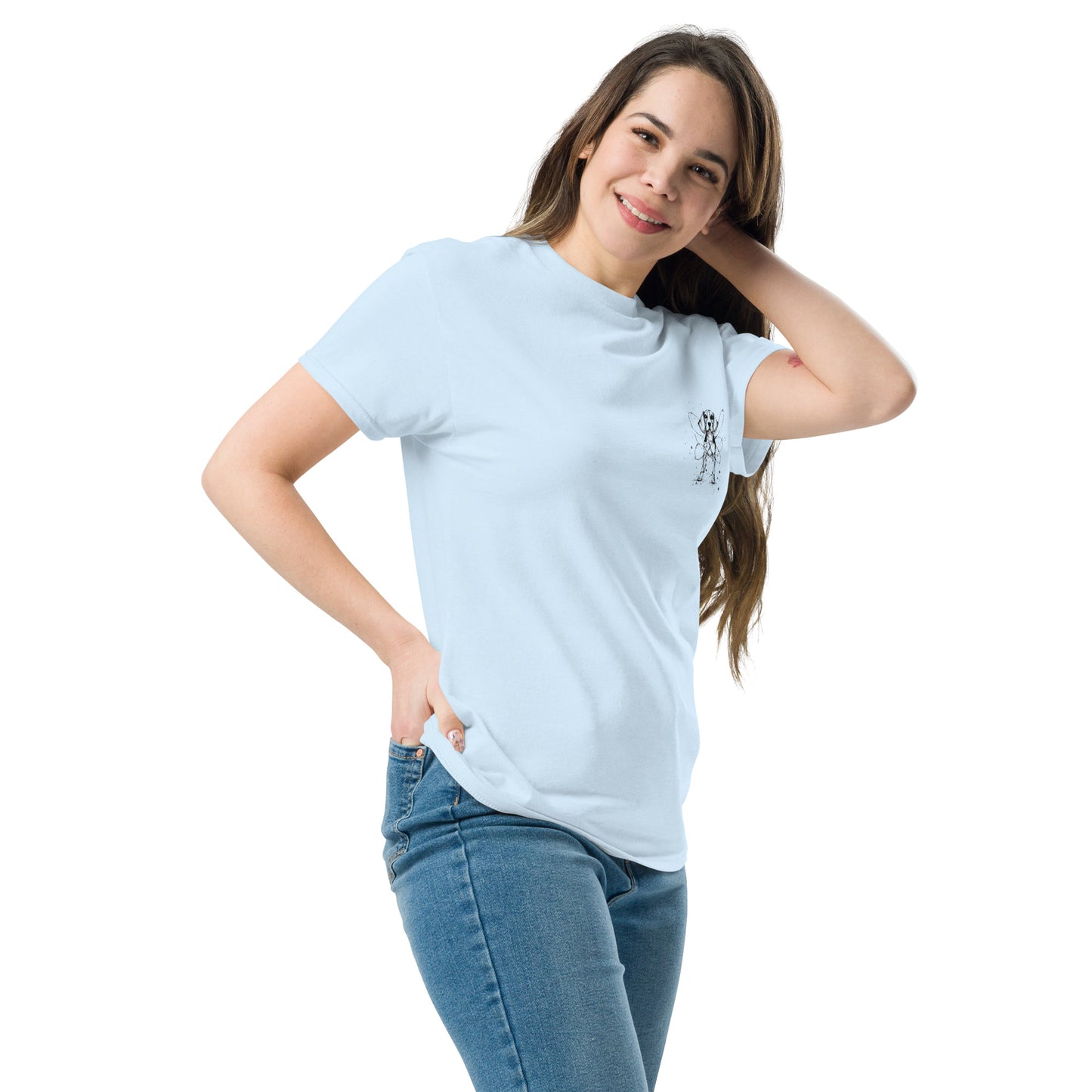 Light blue unisex T-shirt – black ink Beagle dog illustration, front and back view.