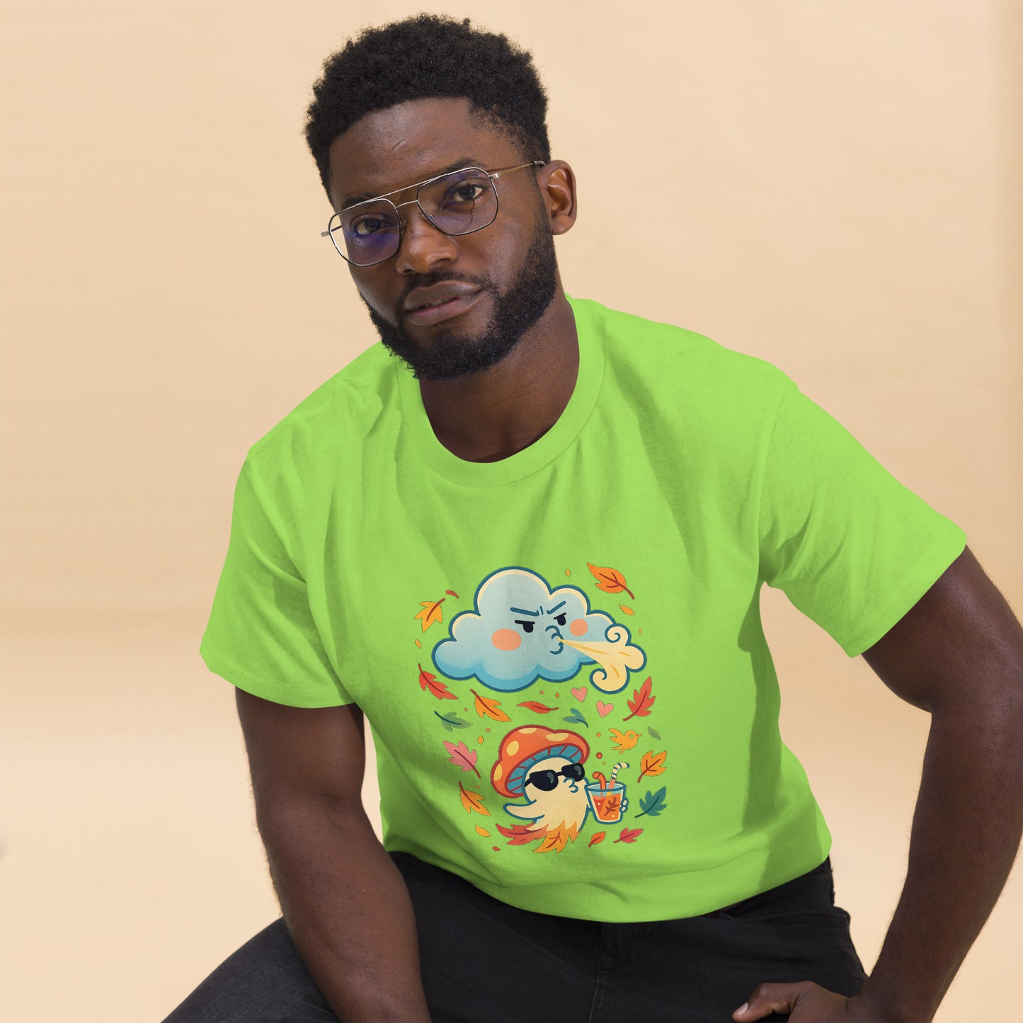 Male model in lime green T-shirt – Stylish man wearing bright green mushroom tee, MushLOL Collection.