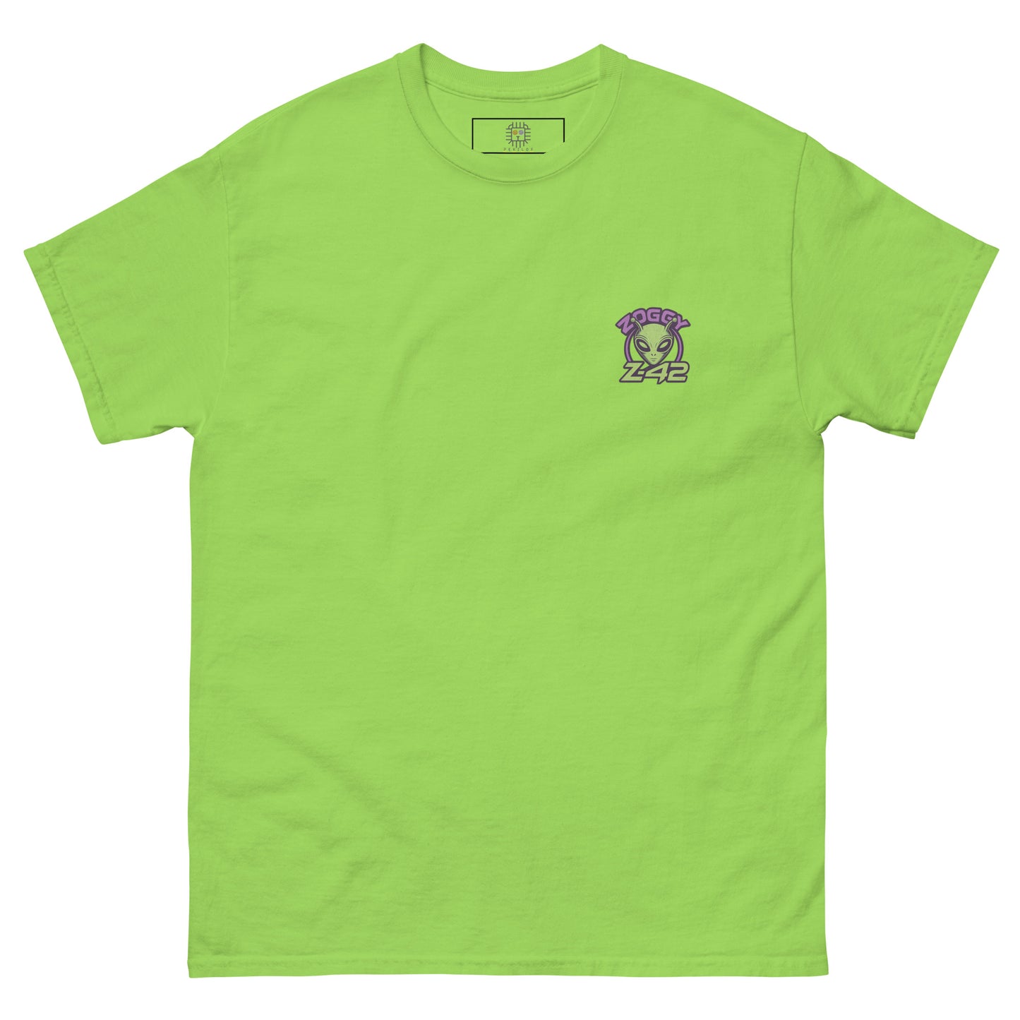 Light green unisex T-shirt — front left chest small alien head graphic