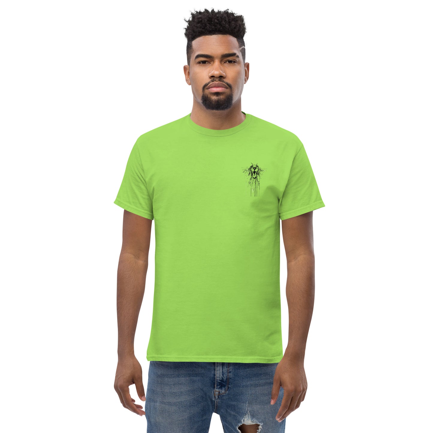 Male model wearing white Beagle T-shirt with "Miss You" text, front view.