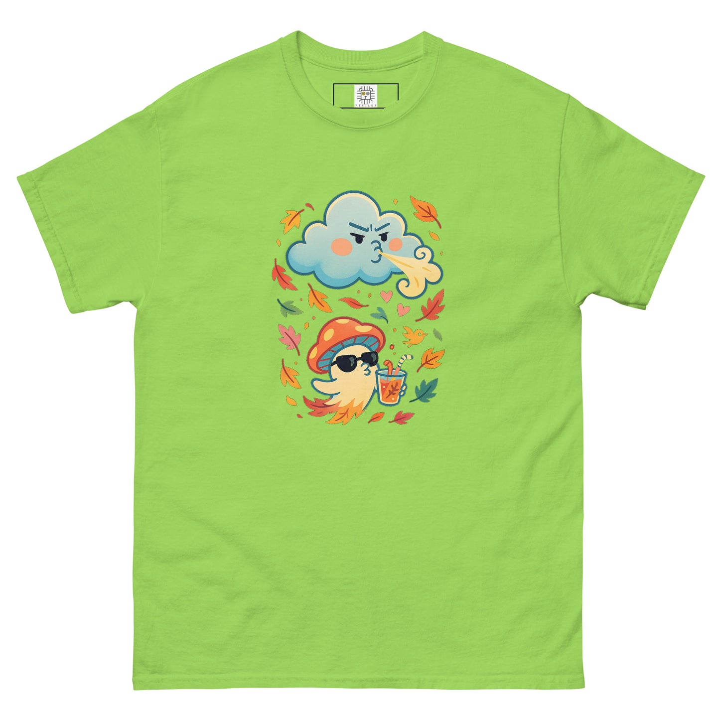 Green flat lay T-shirt – Bright green tee with cartoon mushroom and autumn leaves, MushLOL Collection.
