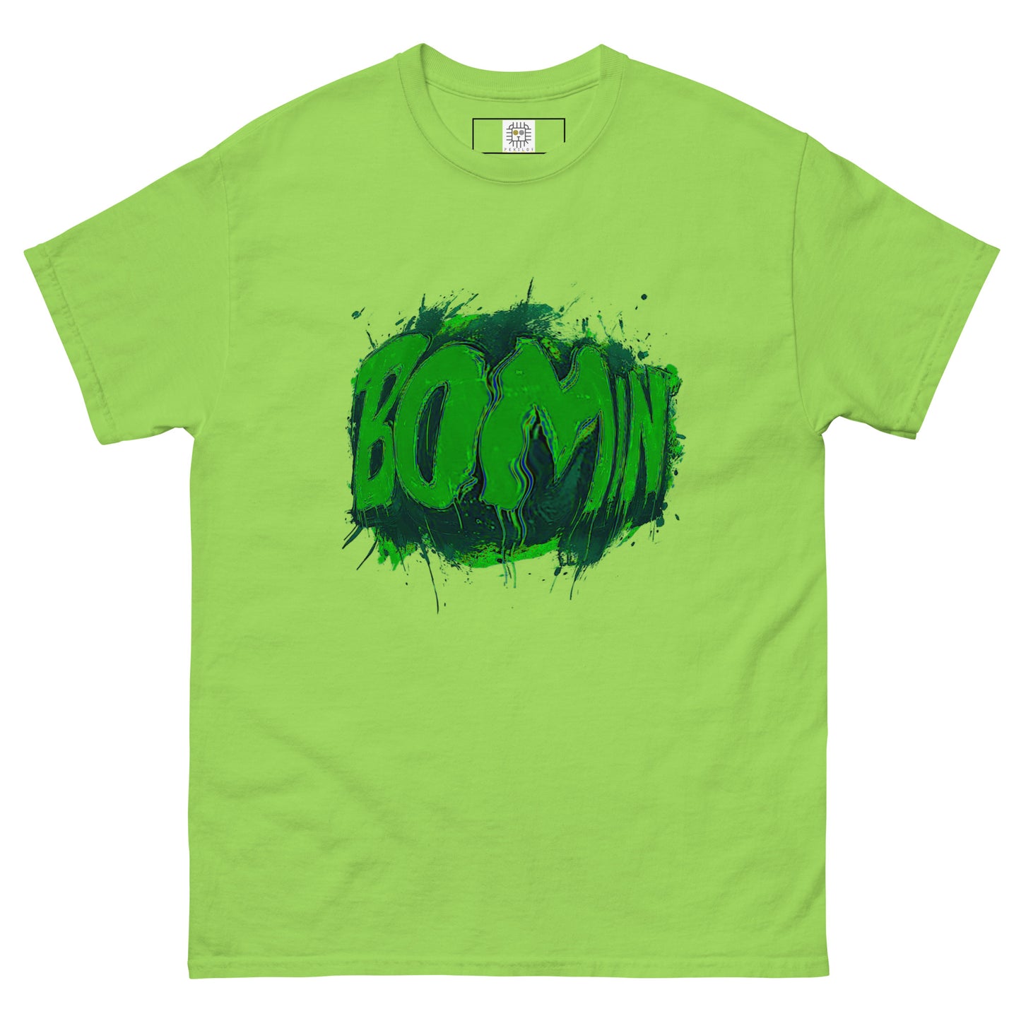 Neon green BOOMIN t-shirt with bold graffiti glitch design, front view.