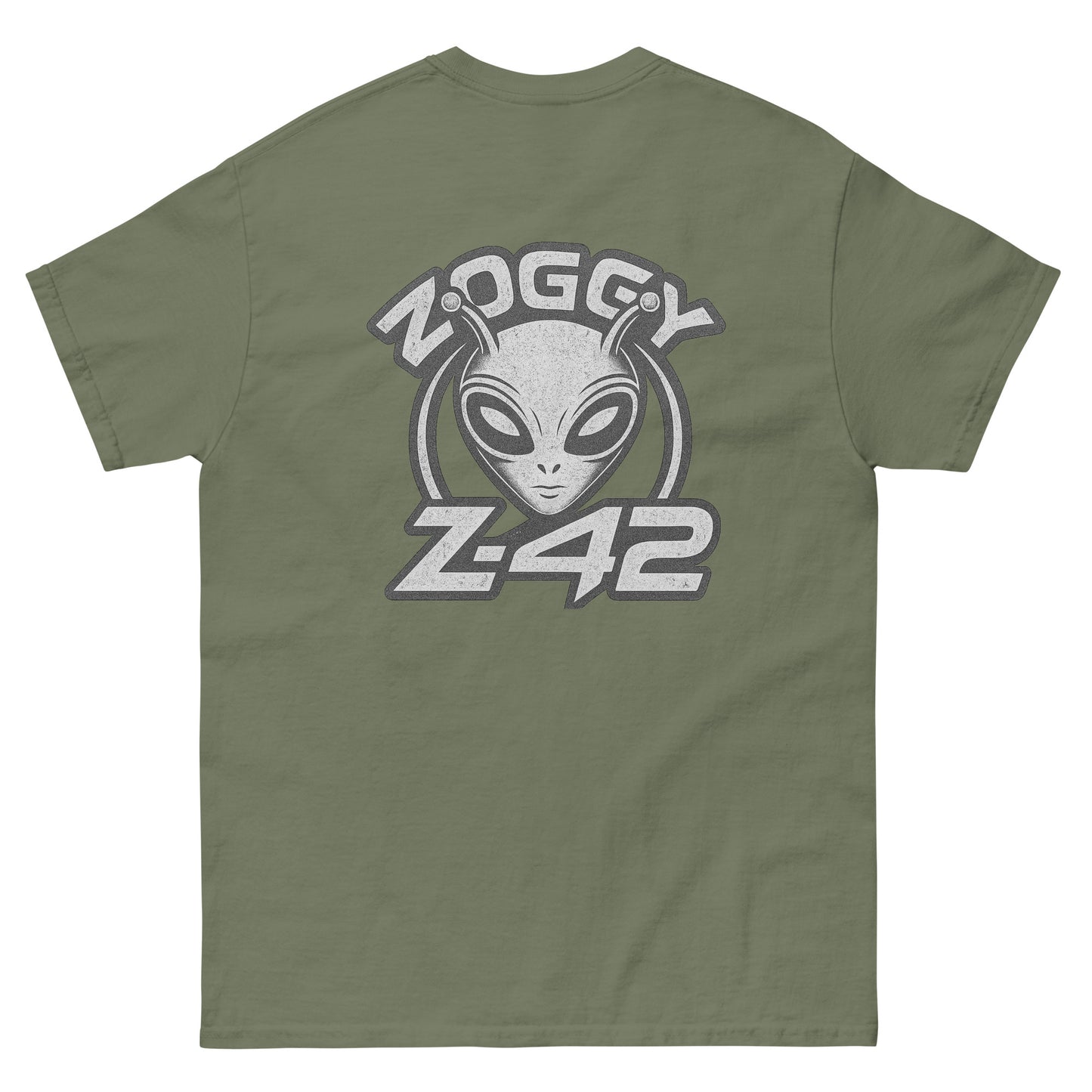 Olive green unisex T-shirt — back print: large grey alien head with text ZOGGY Z-42