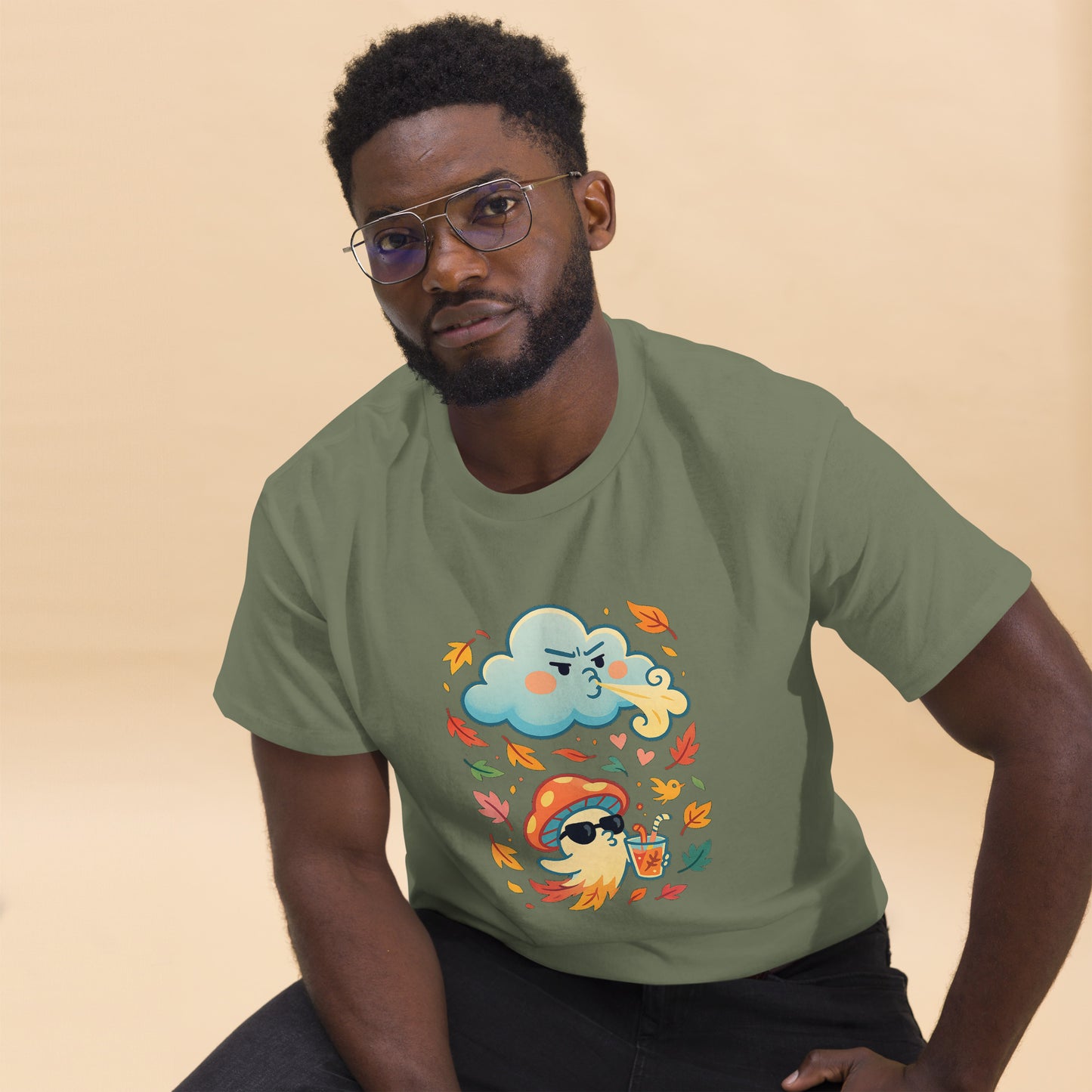 Male model in olive green T-shirt – Casual outfit with olive green mushroom print tee, MushLOL Collection.