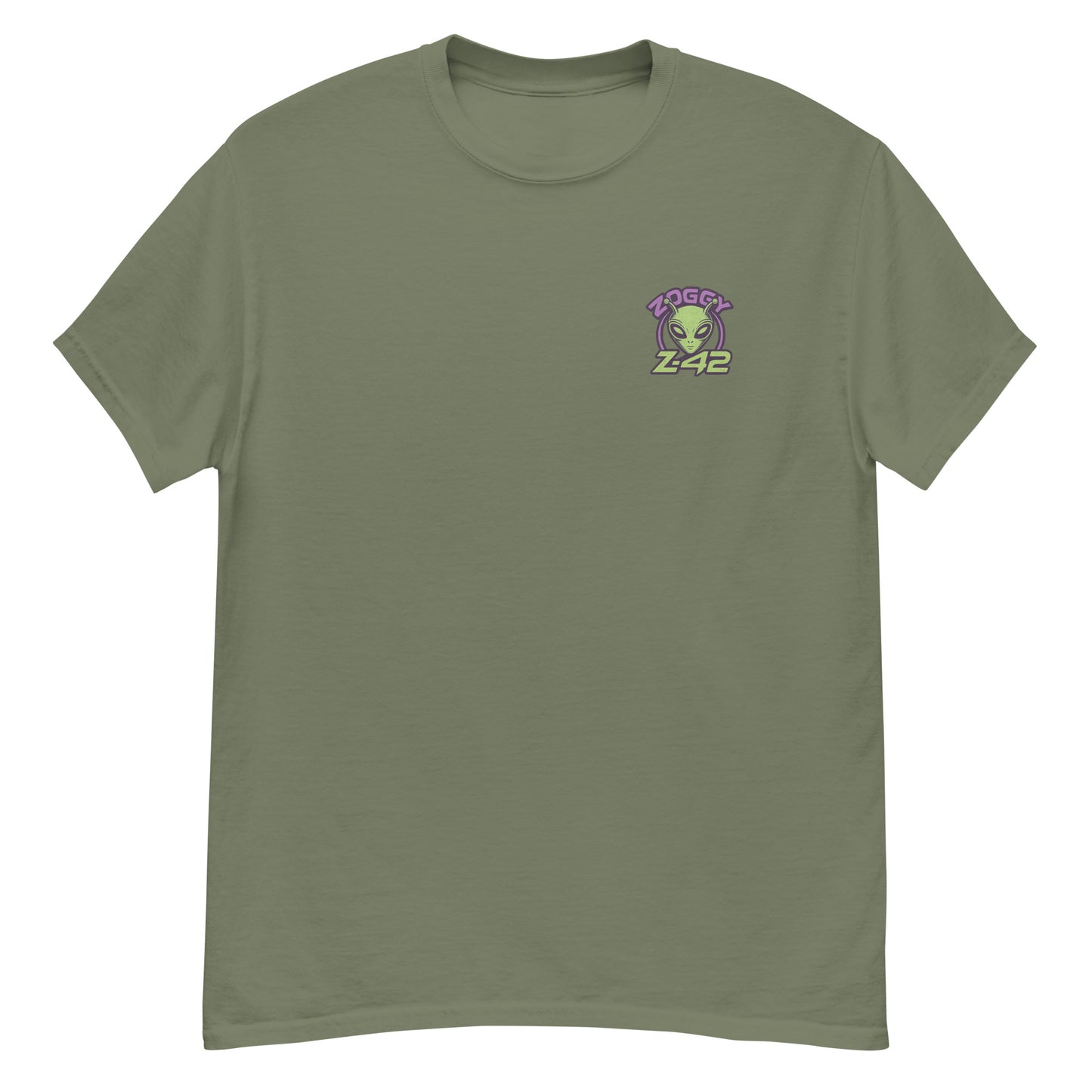 Olive green unisex T-shirt — front left chest small alien head graphic