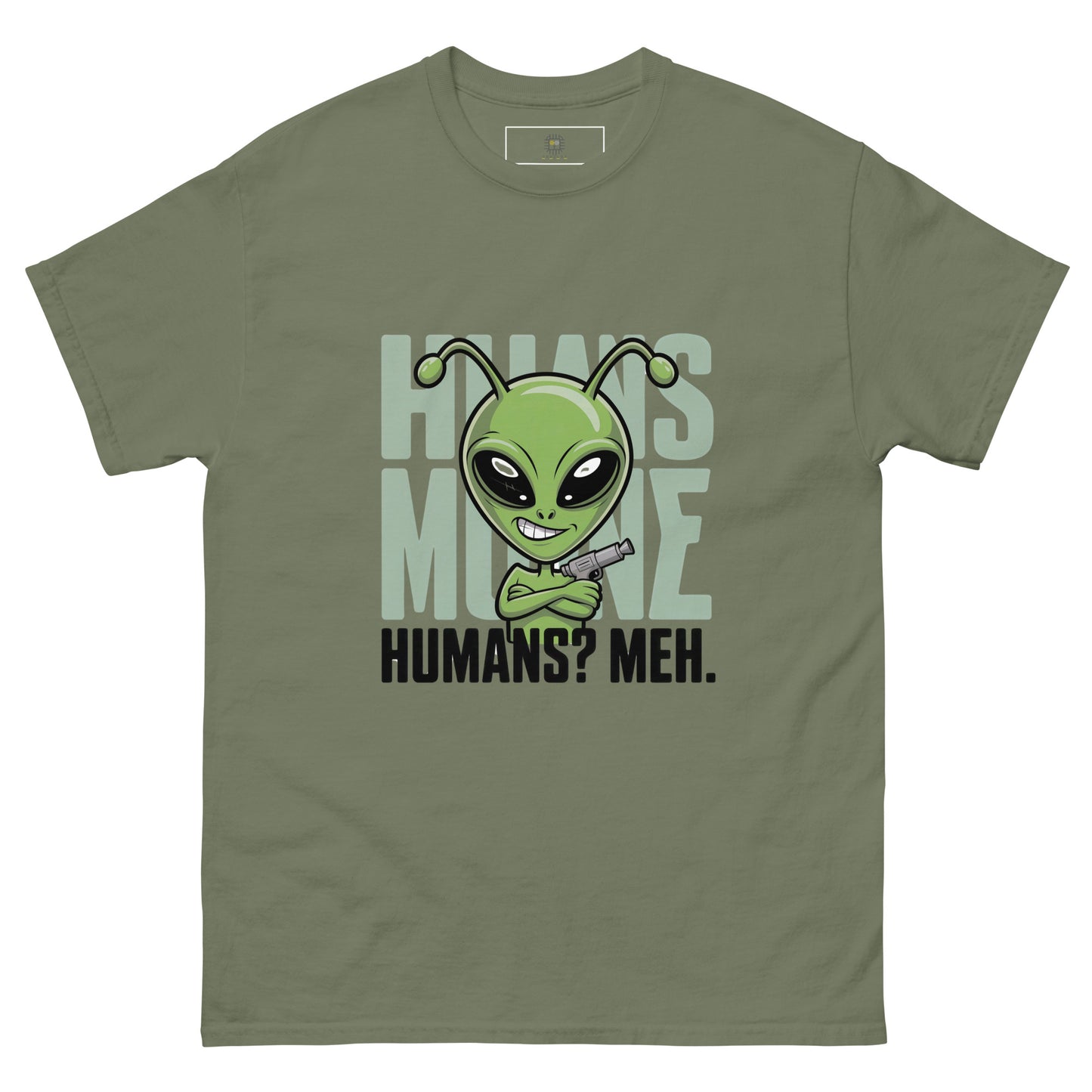 Olive green unisex T-shirt — front print: green alien face above text HOW’S MY MOOD? HUMANS? MEH.