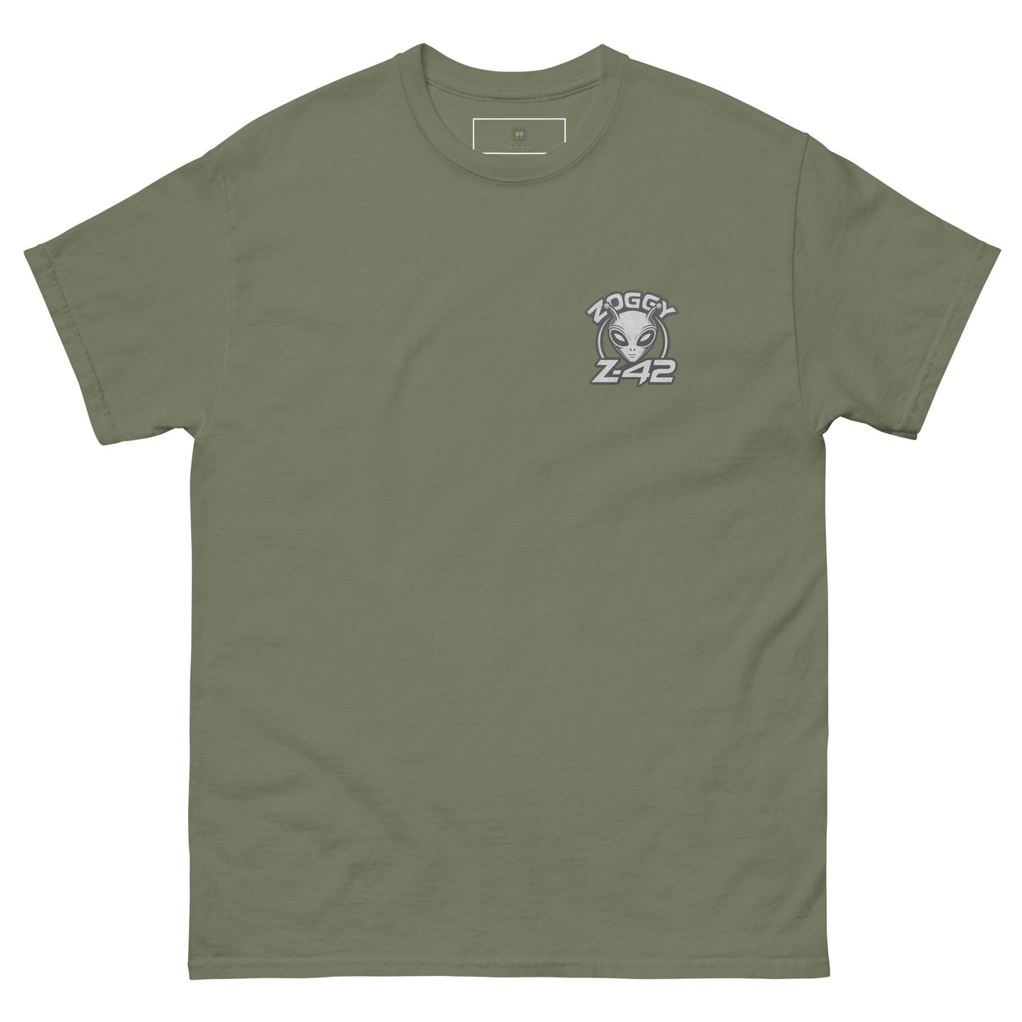 Olive green unisex T-shirt — back print: large grey alien head with text ZOGGY Z-42