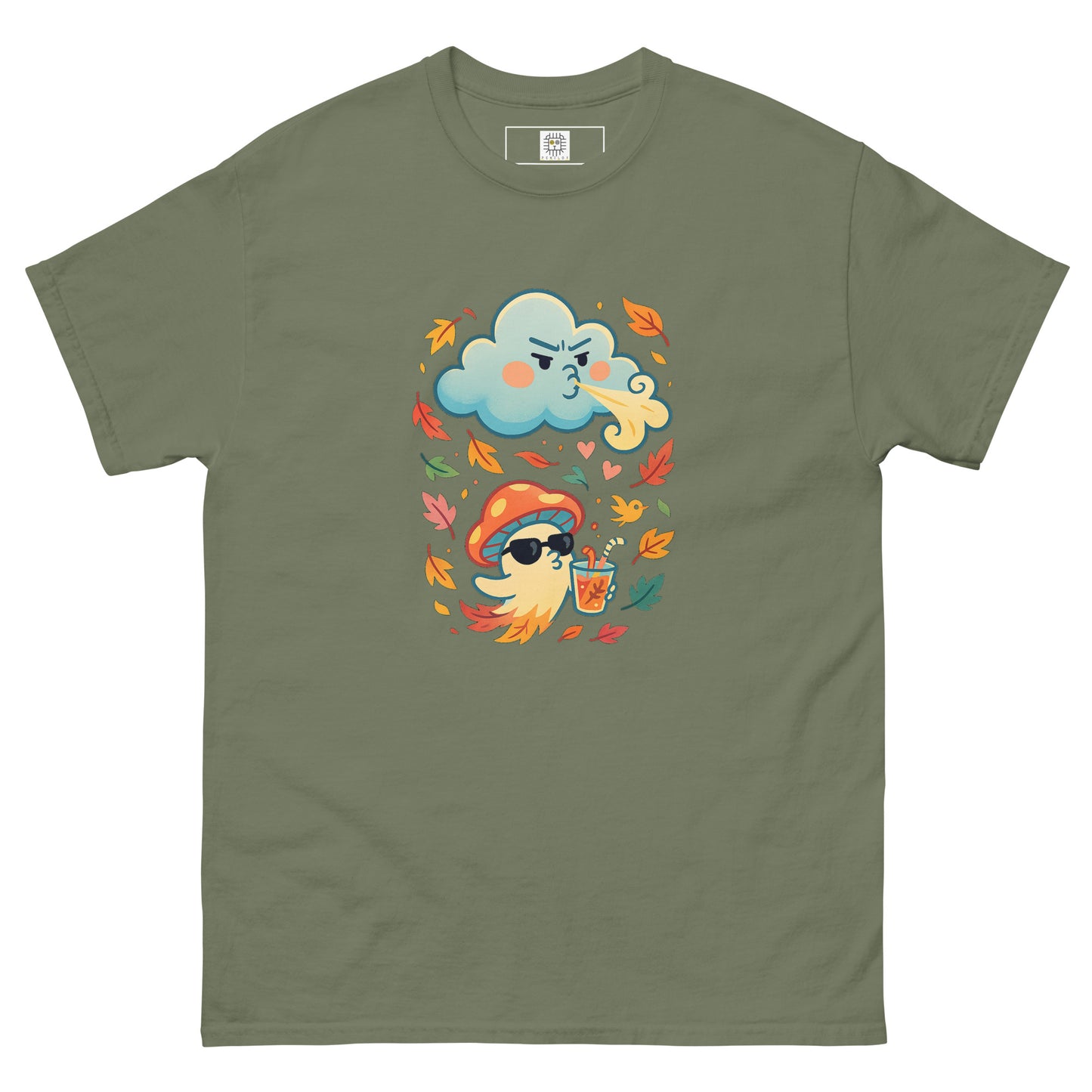 Olive green flat lay T-shirt – Olive green unisex tee featuring mushroom cartoon print, MushLOL Collection.
