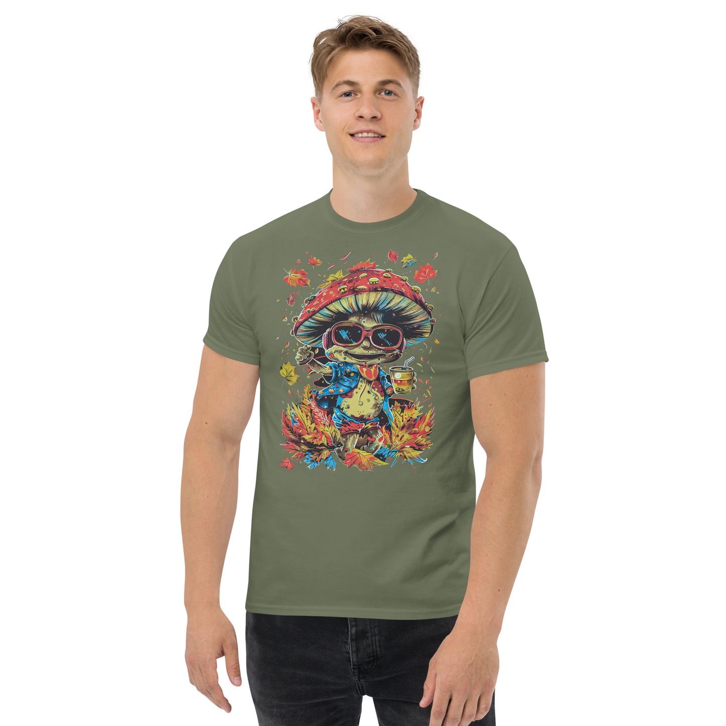 A male model wearing an army-green T-shirt with the mushroom design, standing in a relaxed pose.