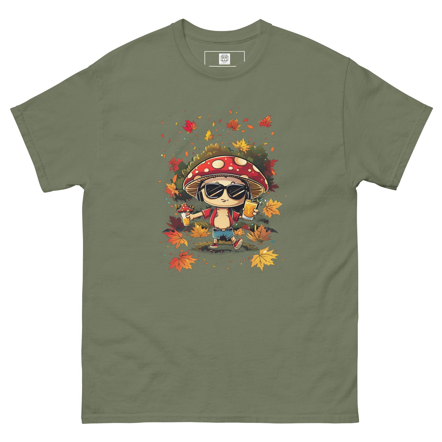 Olive green T-shirt flat lay, featuring the autumn mushroom graphic.