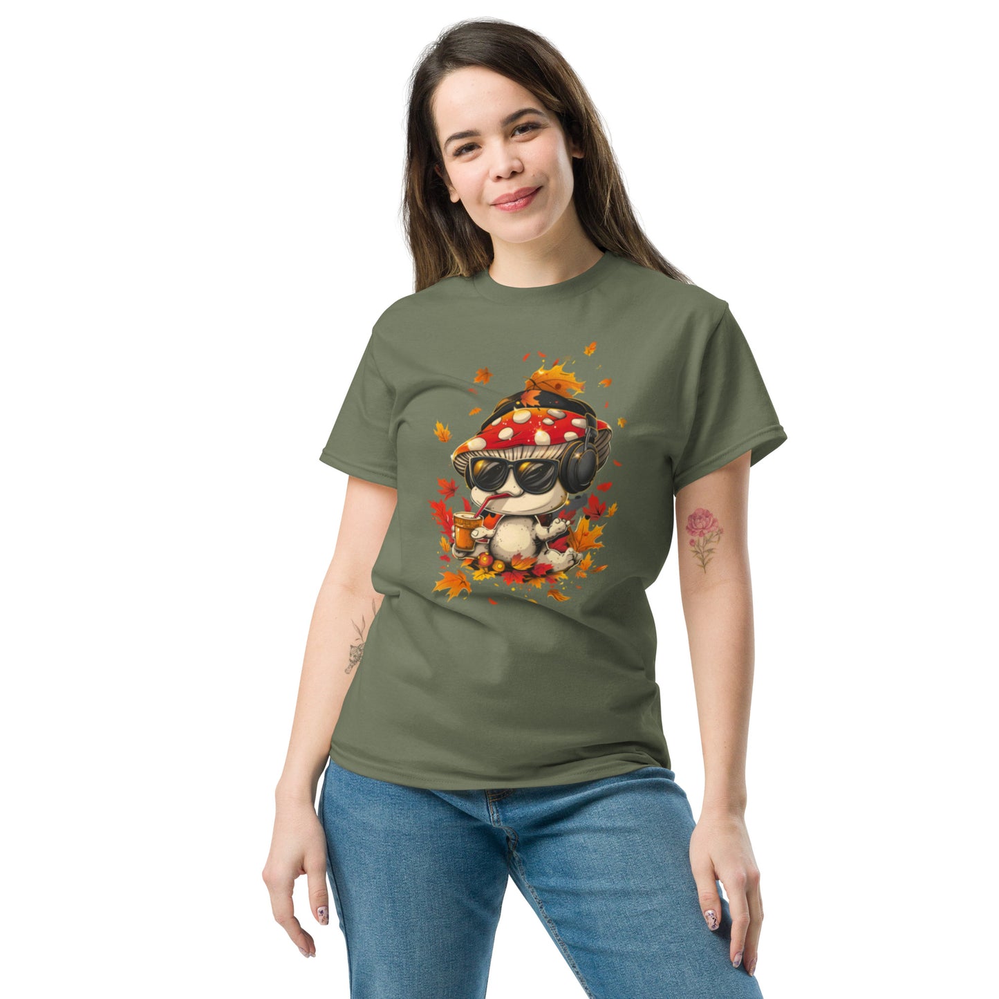 Female model in a beige t-shirt with mushroom character and leaves print.