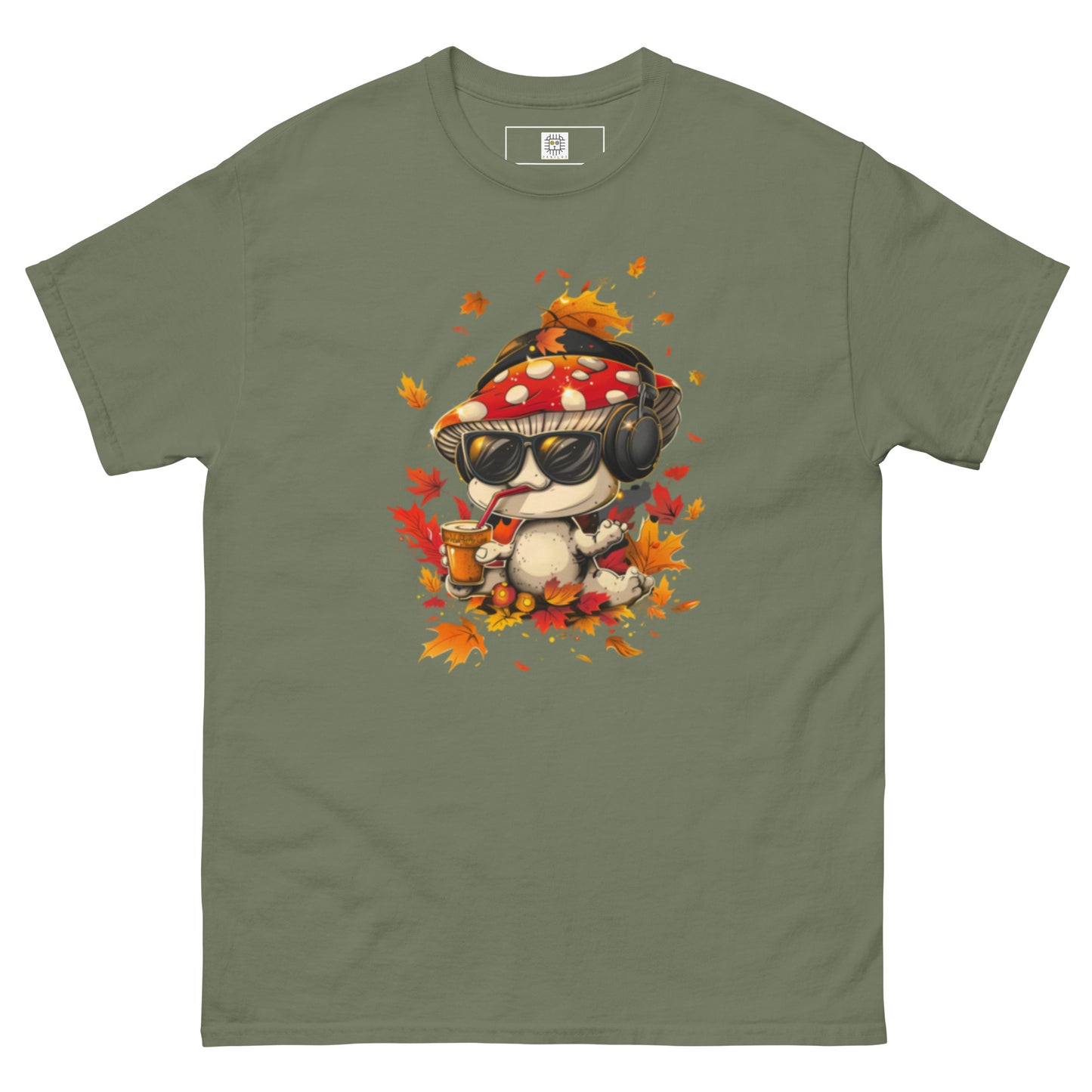 Olive green t-shirt with playful mushroom artwork and falling leaves.