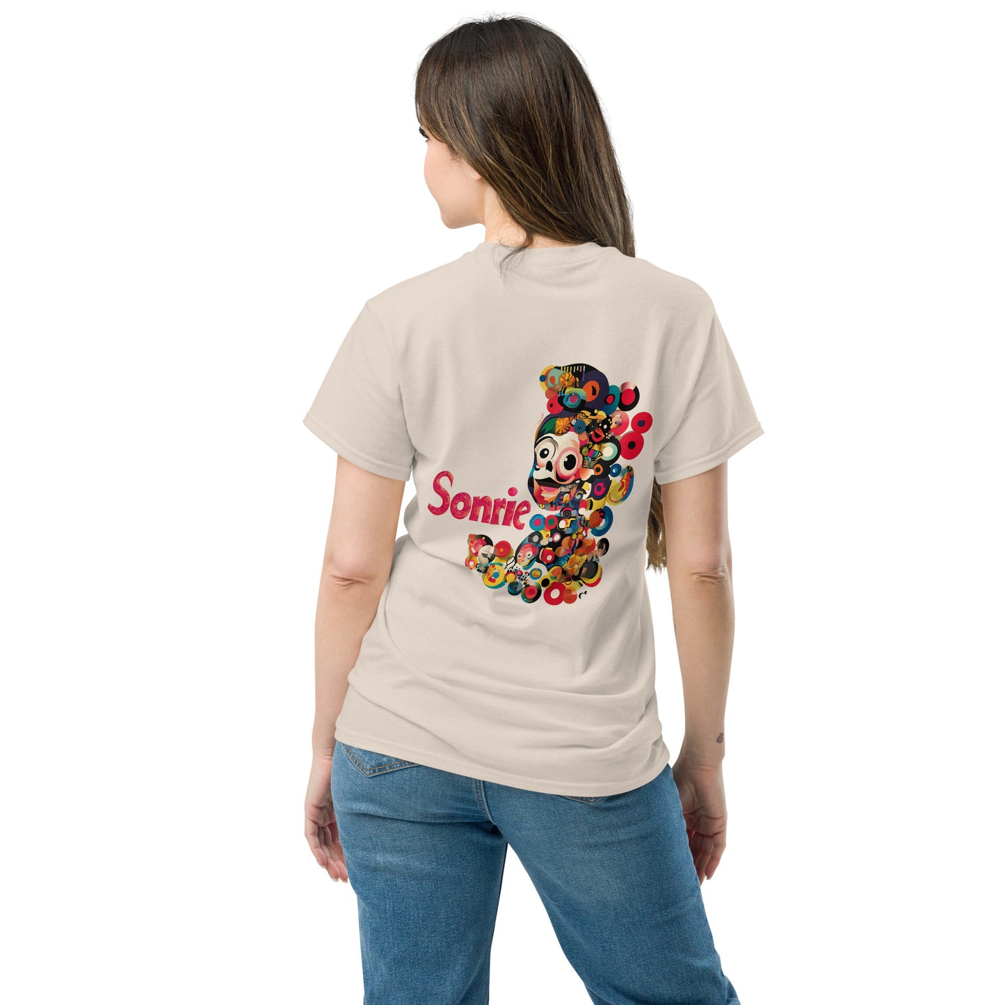 Female model wearing a beige T-shirt with a large colorful abstract back print