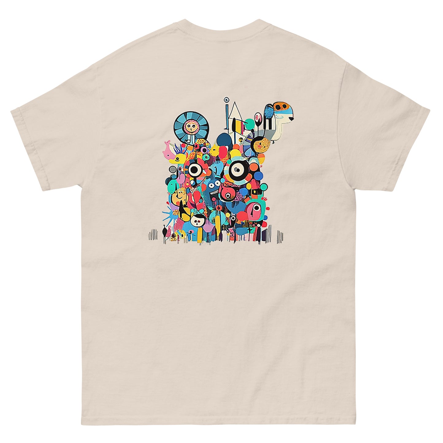Beige unisex T-shirt – colorful abstract illustration, back view.