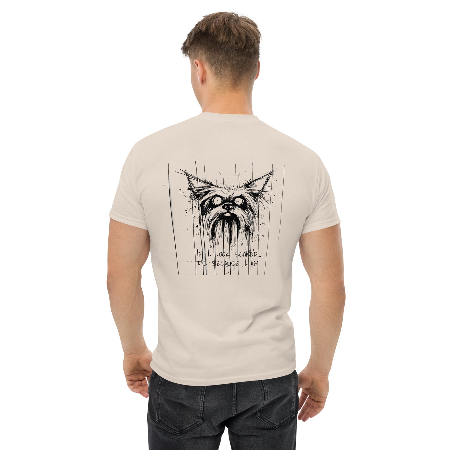 Male model wearing grey T-shirt, back view, Yorkshire Terrier line-art and "Scared" slogan.