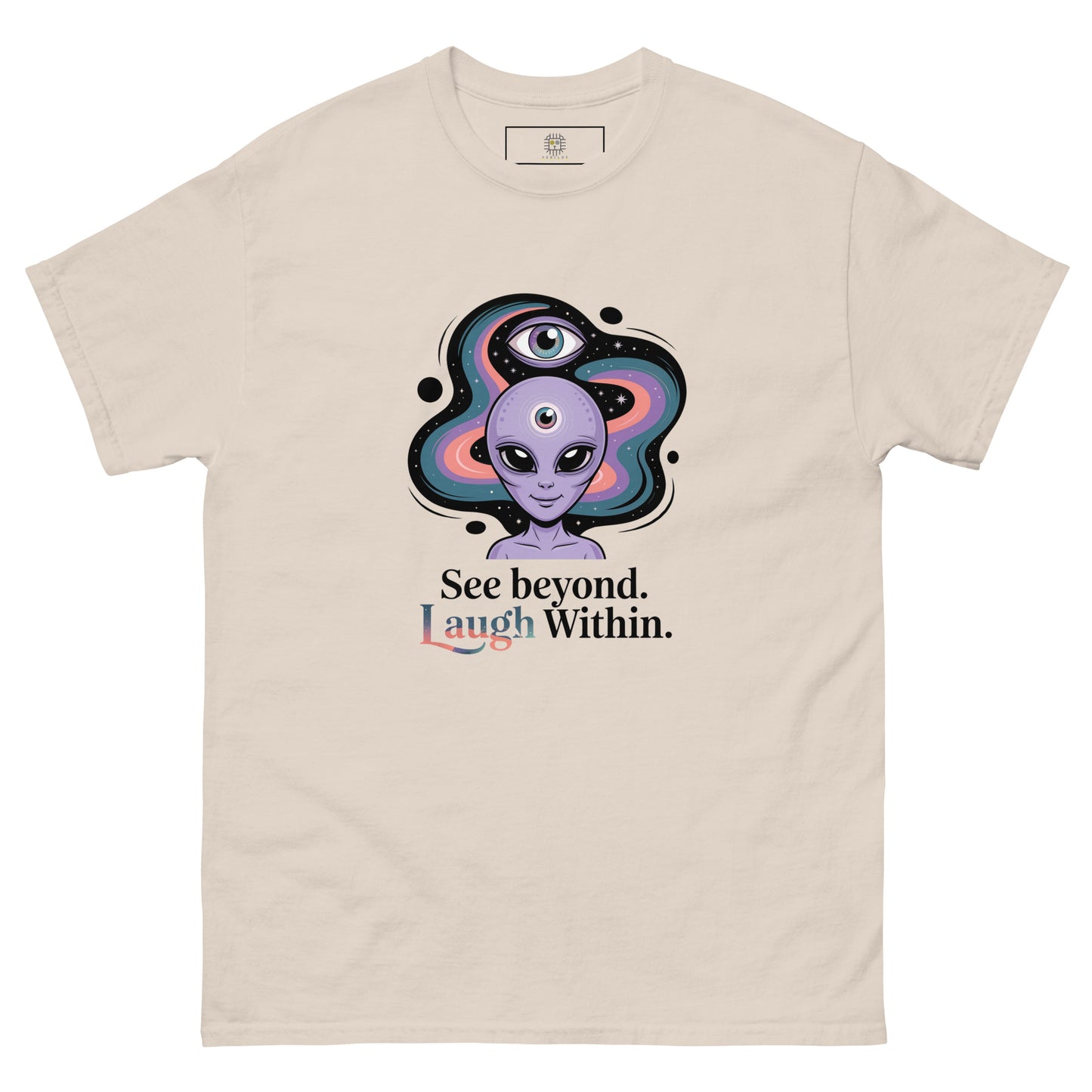 Beige unisex T-shirt — front print: alien in cosmic background with text See beyond, I am Within.