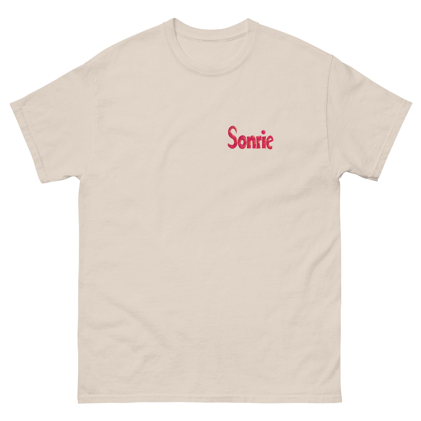 Beige unisex T-shirt with Sonrie text on the chest