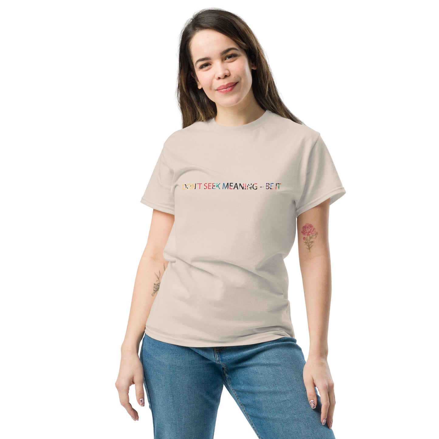 Beige unisex T-shirt – I Feel Normal rainbow text, front view on female model.