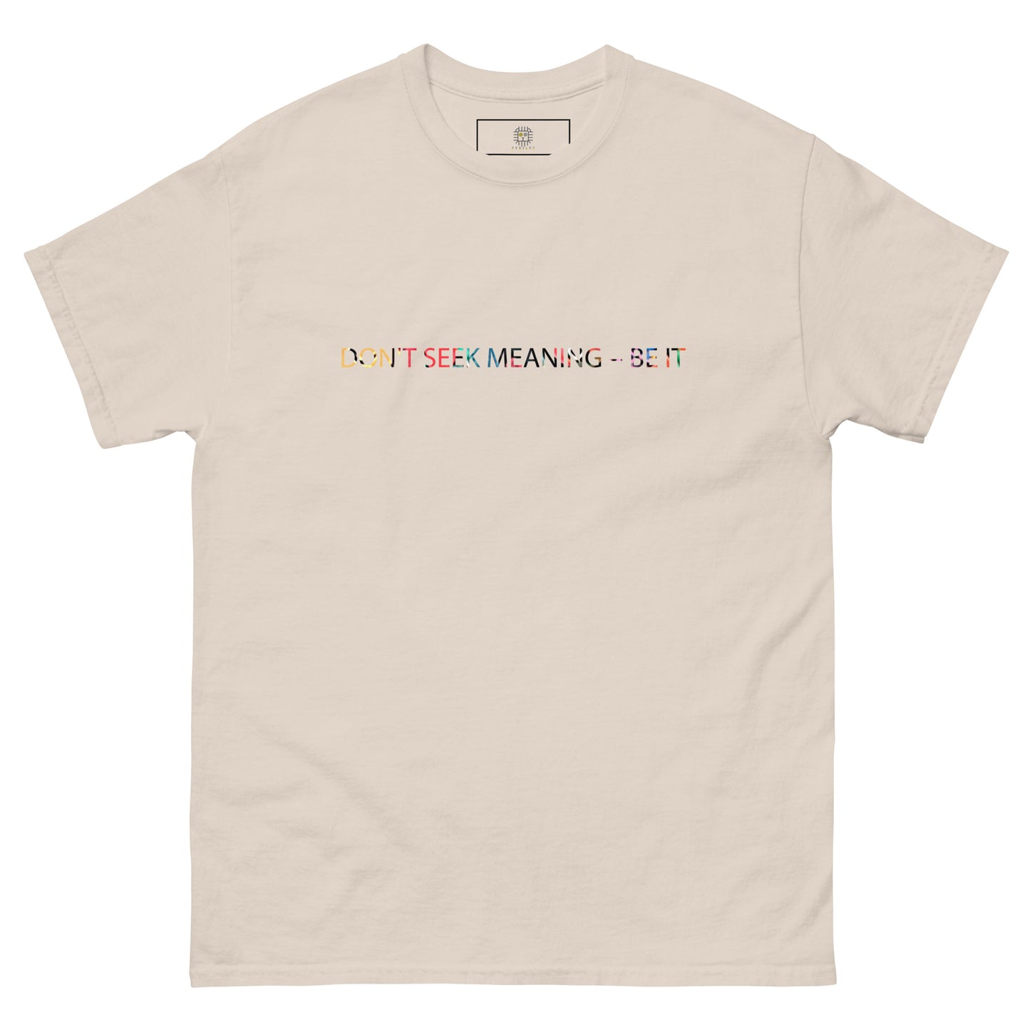 Beige unisex T-shirt – colorful abstract illustration, front view.