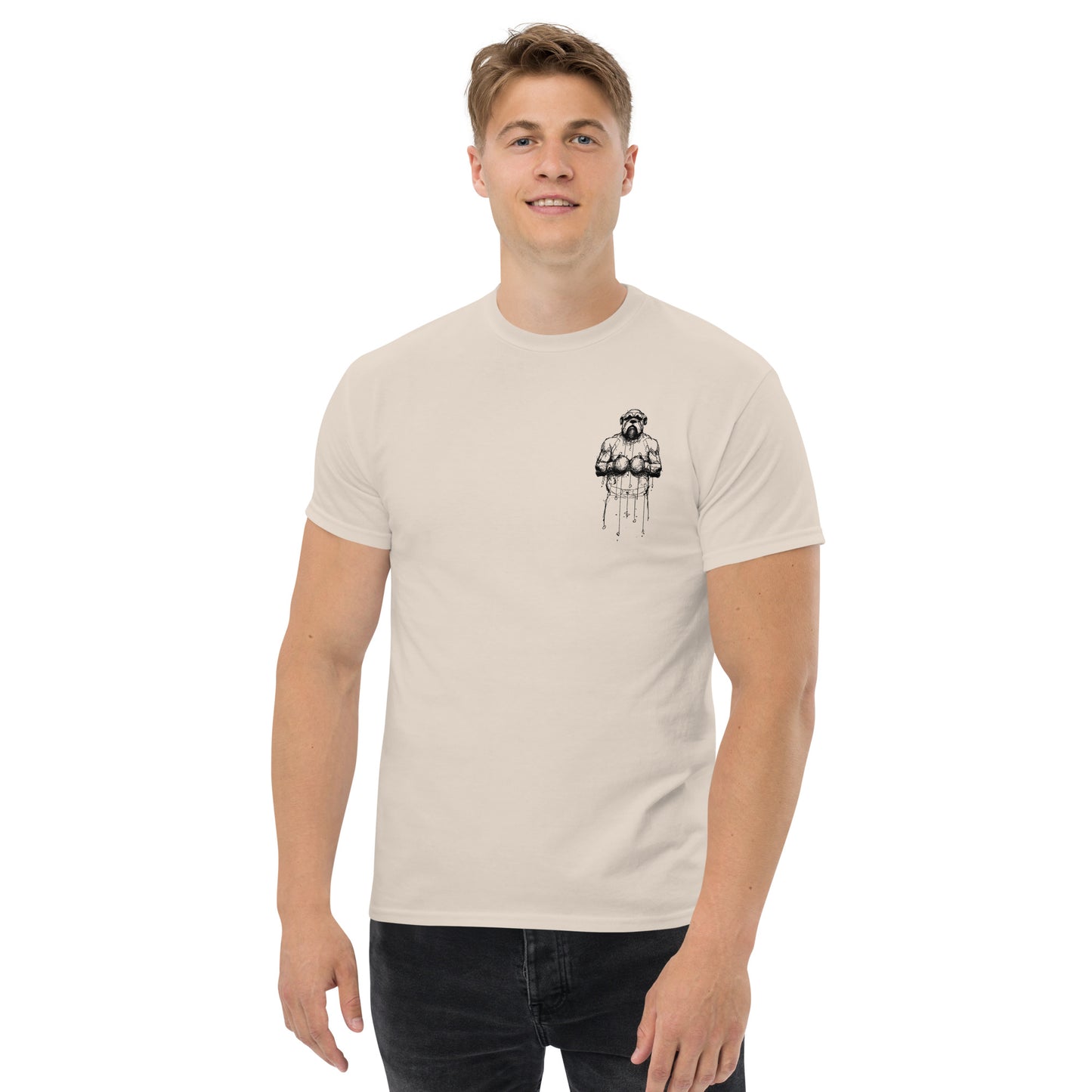 Classic beige unisex T-shirt with the Boxer dog artwork placed on the chest. A subtle yet stylish design for Boxer lovers.