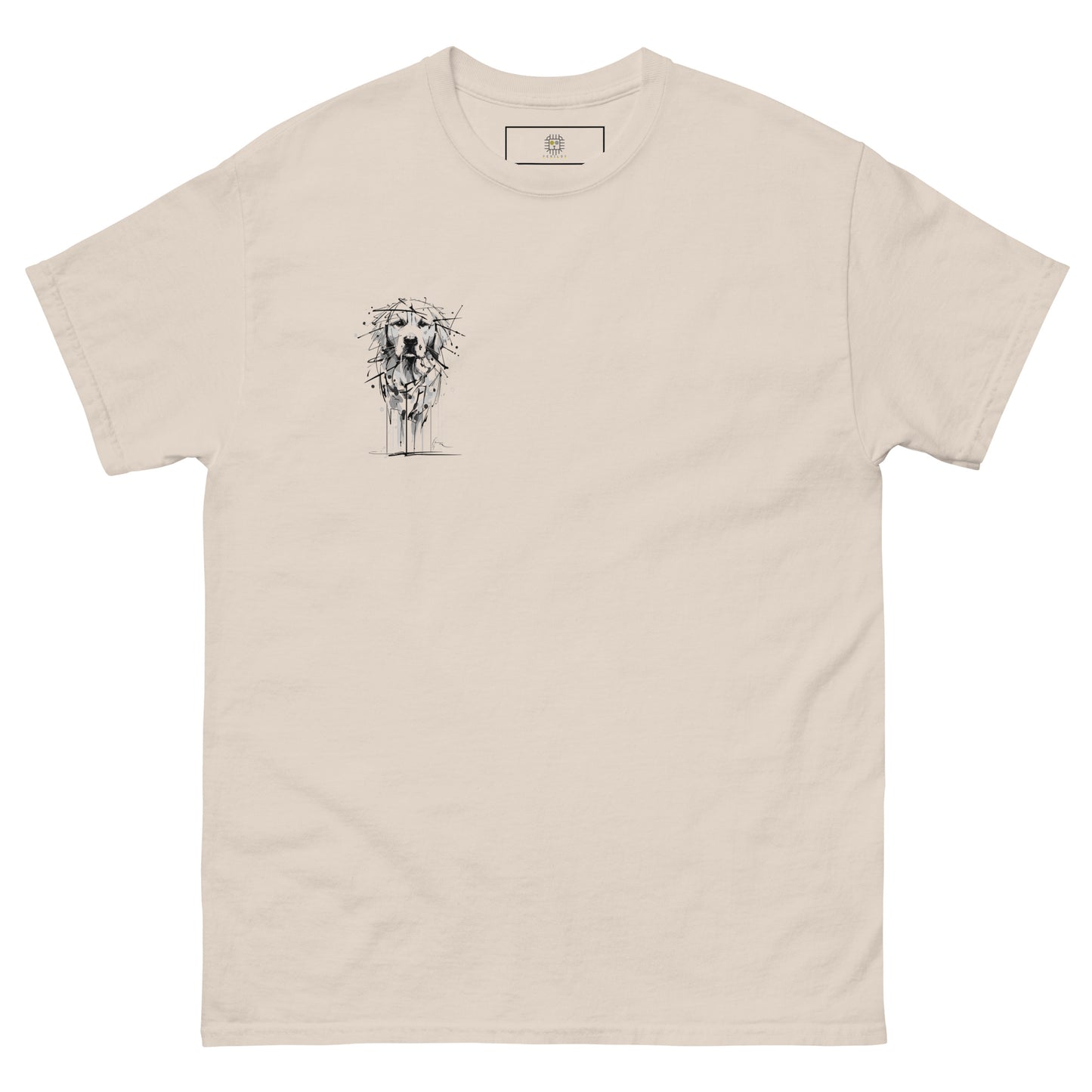 Beige unisex T-shirt – black ink Golden Retriever dog illustration, front view.
