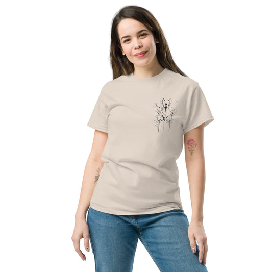 Beige unisex T-shirt – abstract black line art dog, front view on female model.