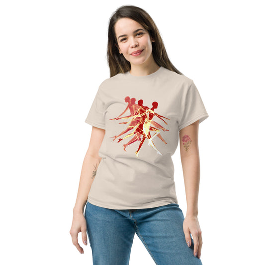 Woman wearing unisex t-shirt with minimalist silhouettes and bold text print – Fluid Elegance Collection