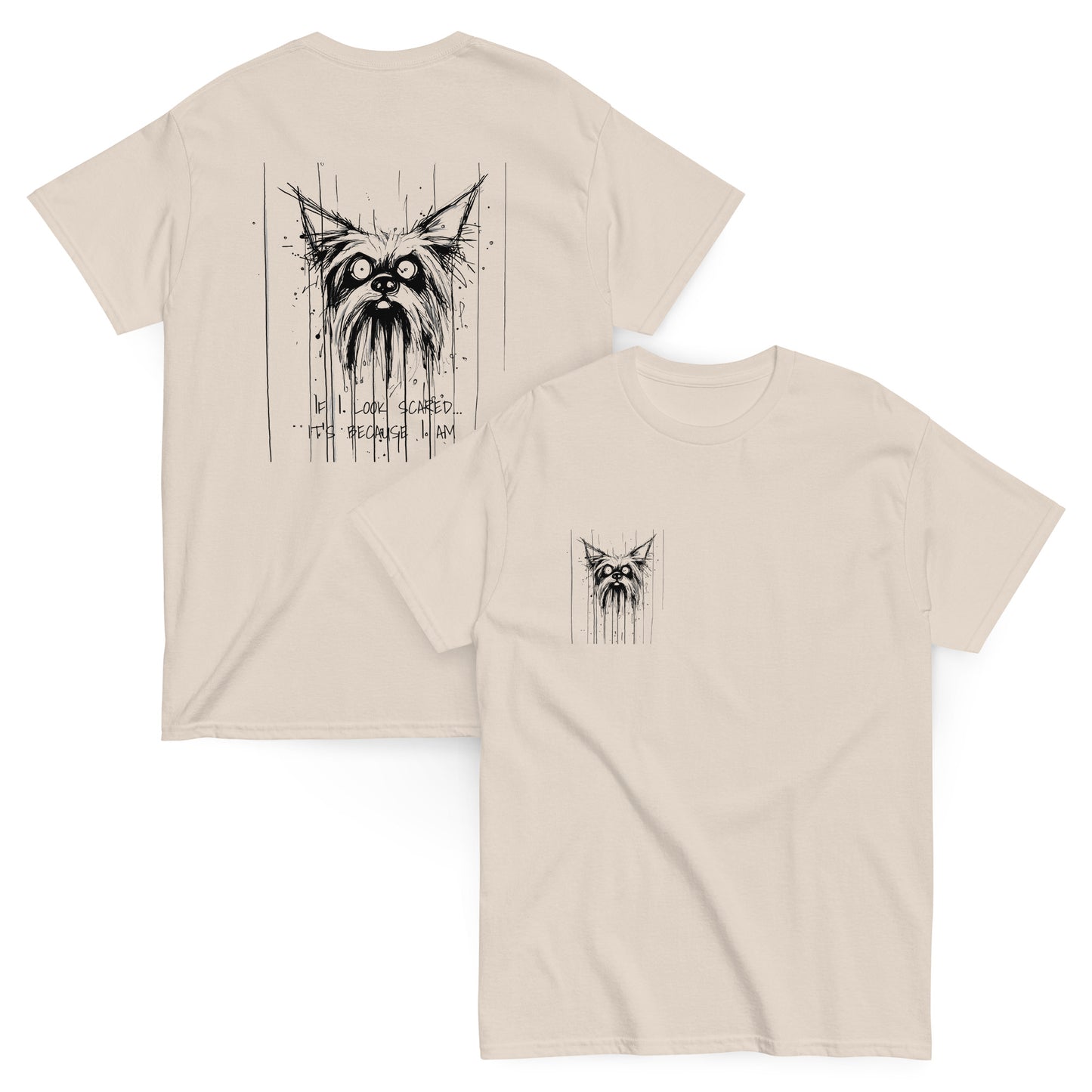 Grey T-shirt, front view, Yorkshire Terrier drawing with text "Scared".