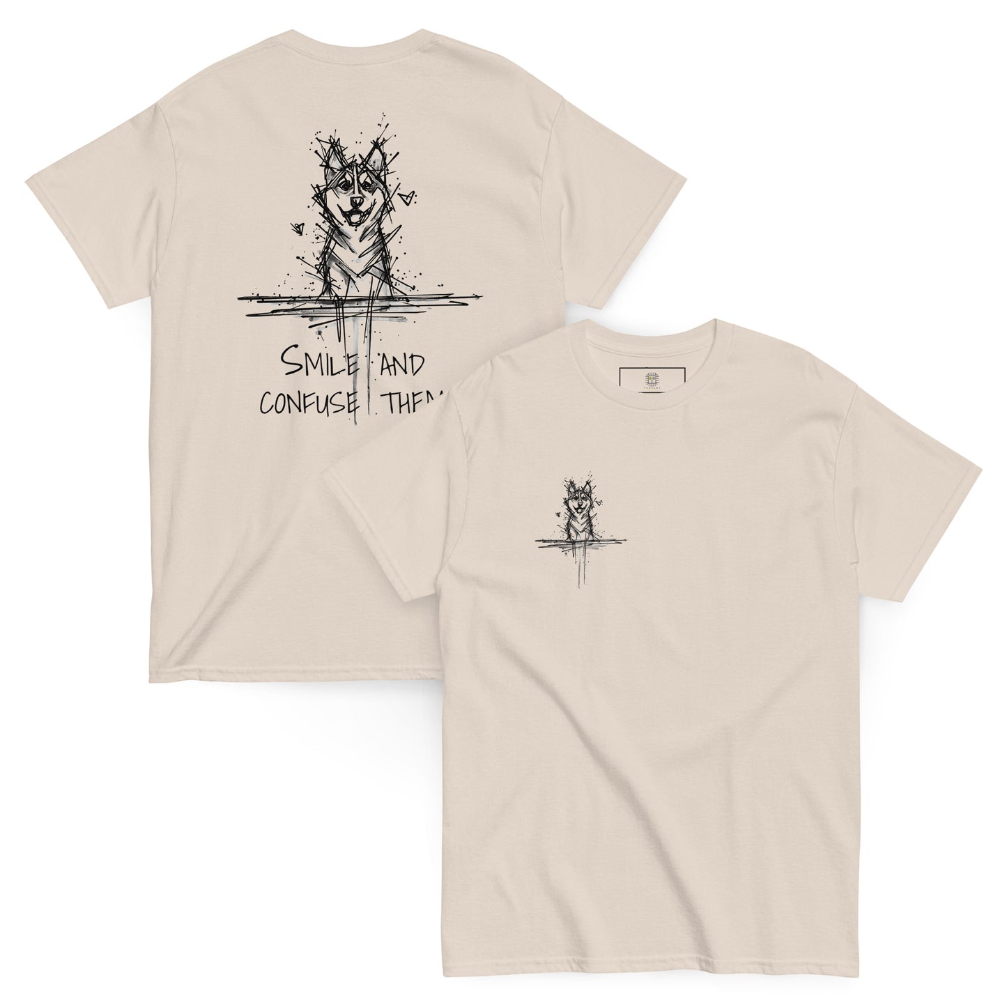 Beige T-shirt variation with Siberian Husky sketch and "Confuse" slogan, artistic minimalist dog graphic tee.