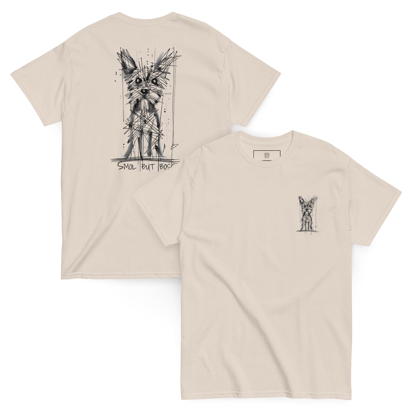Beige unisex T-shirt – black ink Yorkshire Terrier dog illustration, back view.