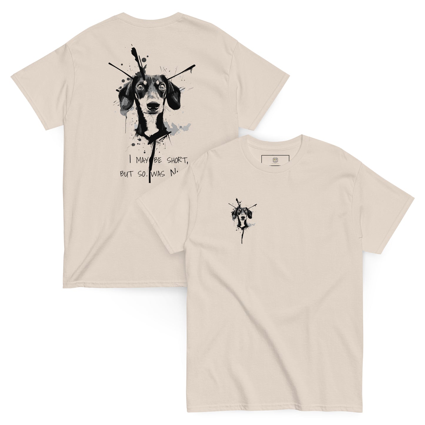 Set of two beige unisex tees featuring the Dachshund Napoleon artwork. Great for gifting to dog lovers or keeping as a matching pair.