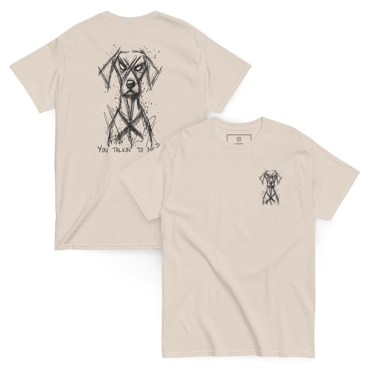 Beige unisex T-shirt – black line art dog boxer illustration, front and back view.