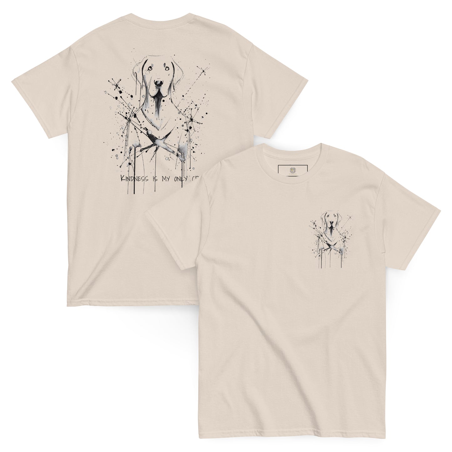 Beige unisex T-shirt – abstract black line art dog, front and back view.