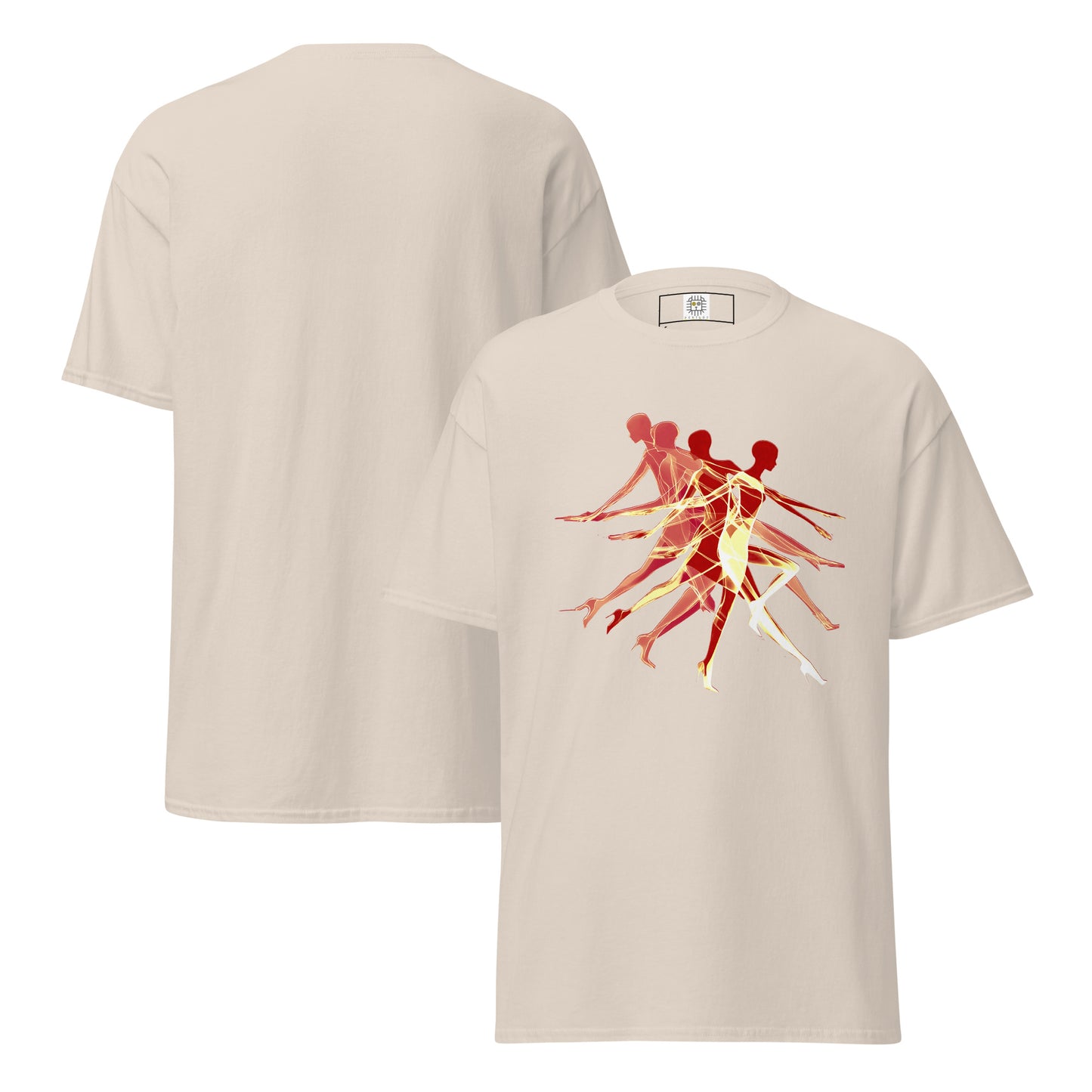 Unisex t-shirt with layered abstract silhouettes in motion and text “Libres. Fuertes. Unidos.” – Fluid Elegance Collection