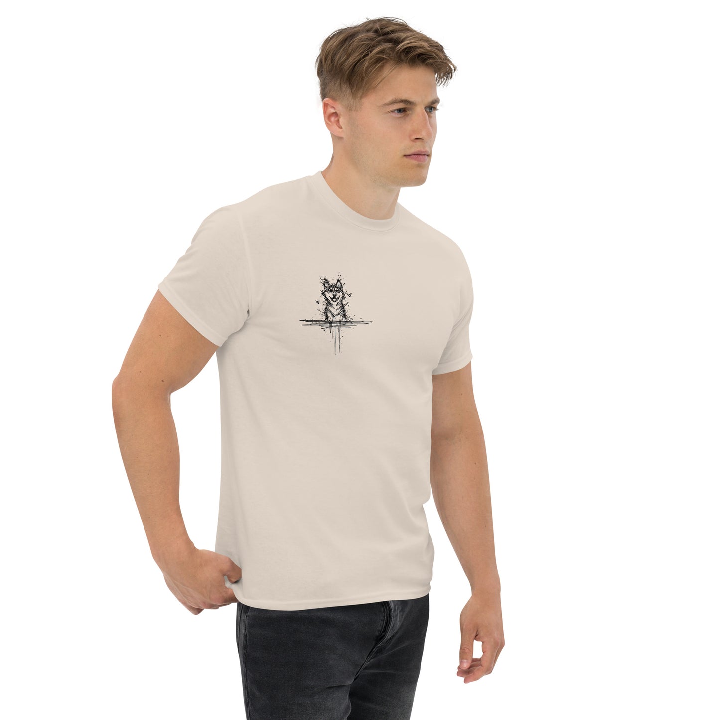Male model in beige T-shirt, front view. Minimalist Husky line art design for dog lovers and fans of the Unleashed Lines series.