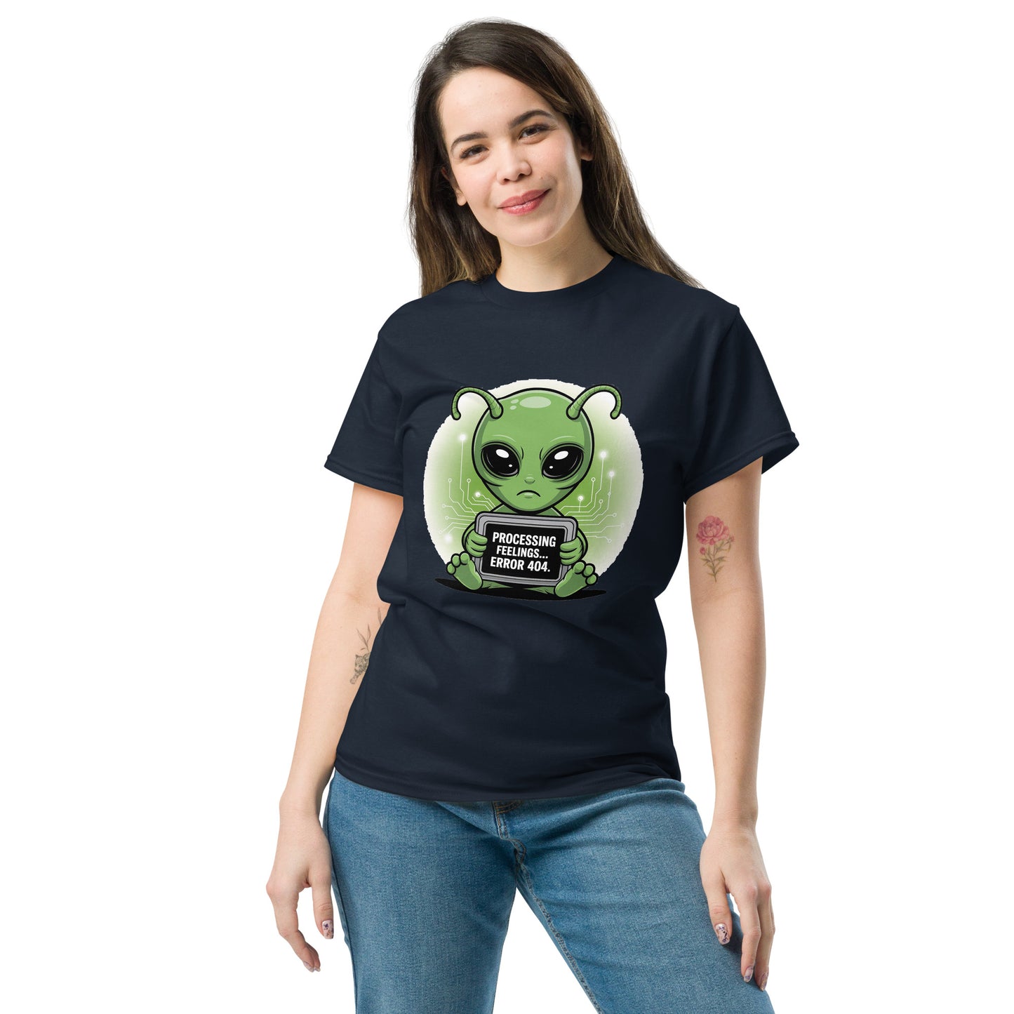 Female model in a navy blue t-shirt with alien graphic and playful extraterrestrial message.