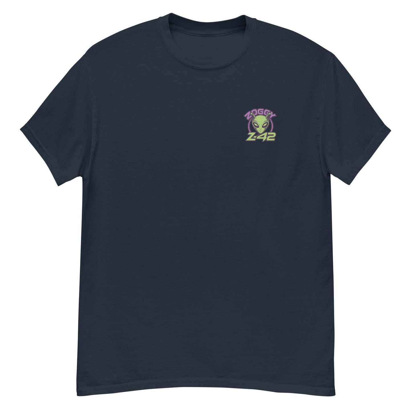 Navy blue unisex T-shirt — back print: green alien with planets and text MADE OF STARDUST AND BAD DECISIONS