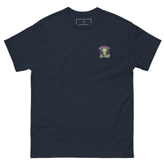 Navy blue unisex T-shirt — front left chest small alien head graphic