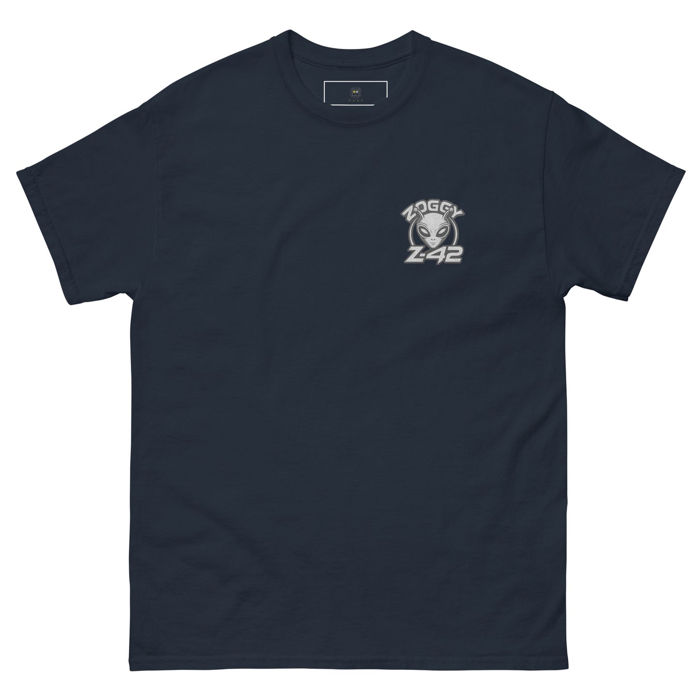 Navy blue unisex T-shirt — back print: large grey alien head with text ZOGGY Z-42